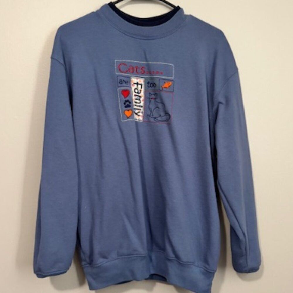 USED Woman's M&C Sportswear Long Sleeve Cats Sweatshirt Color Blue Size Medium